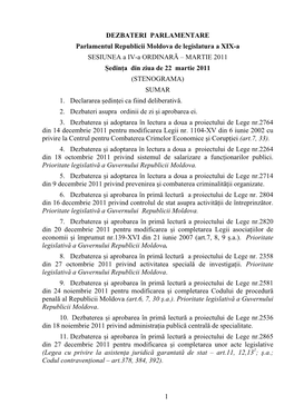 MARTIE 2011 Ședința Din Ziua De 22 Martie 2011 (STENOGRAMA) SUMAR 1