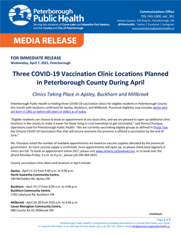 Three COVID-19 Vaccination Clinic Locations Planned in Peterborough County During April