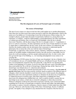 The Development of Laws of Formal Logic of Aristotle