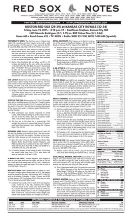 BOSTON RED SOX (29-39) at KANSAS CITY ROYALS (32-34) Friday, June 19, 2015 • 8:10 P.M