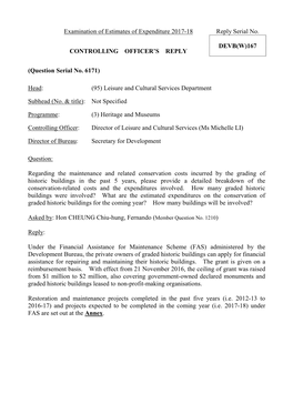 Examination of Estimates of Expenditure 2017-18 Reply Serial No