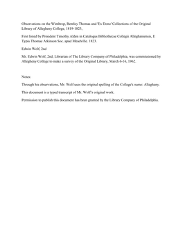 Collections of the Original Library of Allegheny College, 1819-1823