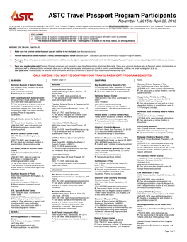 STC Travel Passport Program Participants November 1, 2015 to April 30, 201 6