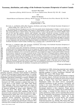 Taxonomy, Distribution, and Ecology of the Freshwater Bryozoans (Ectoprocta) of Eastern Canada