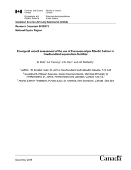 Ecological Impact Assessment of the Use of European-Origin Atlantic Salmon in Newfoundland Aquaculture Facilities