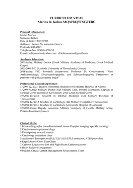 CURRICULUM VITAE Marios D. Kolios MD/Sphd/FESC/FERC