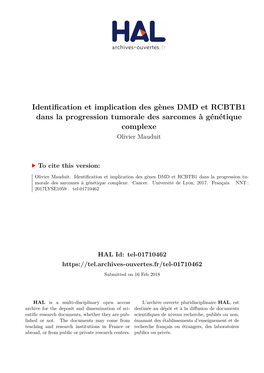 Identification Et Implication Des Gènes DMD Et RCBTB1 Dans La Progression Tumorale Des Sarcomes À Génétique Complexe Olivier Mauduit