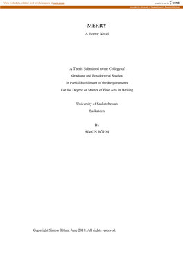 A Horror Novel a Thesis Submitted to the College of Graduate And