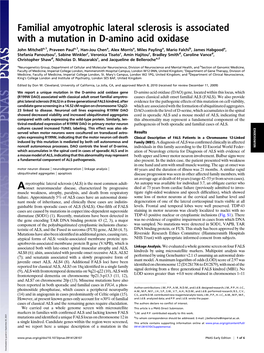 Familial Amyotrophic Lateral Sclerosis Is Associated with a Mutation in D-Amino Acid Oxidase