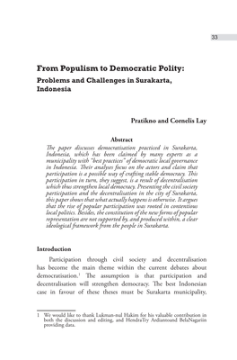 From Populism to Democratic Polity: Problems and Challenges in Surakarta, Indonesia