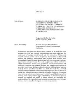 Understanding Disaster Resilience Patterns in Guatemala Through the Analysis of Disaster Datasets in Connection with Population and Housing Data