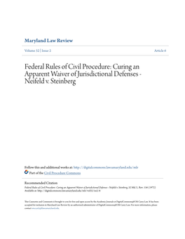 Federal Rules of Civil Procedure: Curing an Apparent Waiver of Jurisdictional Defenses - Neifeld V