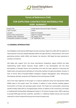 (Tor) for SUPPLYING CONSTRUCTION MATERIALS for HSRP, NUWAKOT