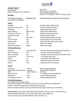 JOSH SALT Dawn Gray SAG/AFTRA/AEA Phone Number: 312-663-1659 Height- 5’10 Weight-145 Hair-Light Brown Email: Graytalentgroup@Gmail.Com Address: 727 S