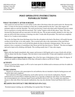 Post Operative Instructions Tonsillectomy