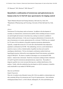 Quantitative Confirmation of Testosterone and Epitestosterone in Human Urine by LC/Q-Tof Mass Spectrometry for Doping Control