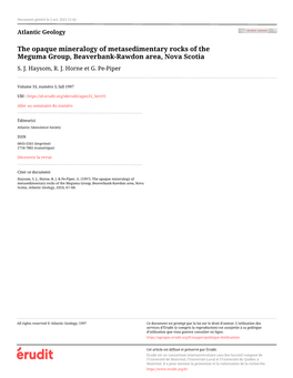 The Opaque Mineralogy of Metasedimentary Rocks of the Meguma Group, Beaverbank-Rawdon Area, Nova Scotia S