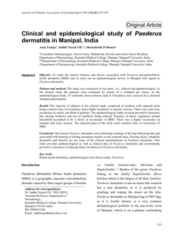 Clinical and Epidemiological Study of Paederus Dermatitis in Manipal, India Anuj Taneja*, Sudhir Nayak UK**, Shrutakirthi D Shenoi†