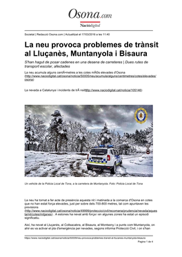 La Neu Provoca Problemes De Trànsit Al Lluçanès, Muntanyola I Bisaura