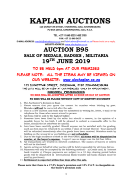 Kaplan Auctions 115 Dunottar Street, Sydenham, 2192, Johannesburg Po Box 28913, Sandringham, 2131, R.S.A