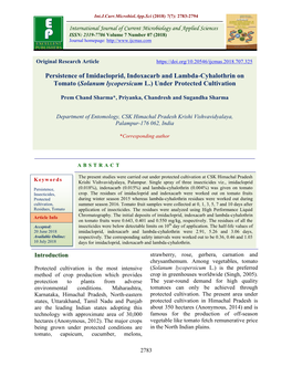 Persistence of Imidacloprid, Indoxacarb and Lambda-Cyhalothrin on Tomato (Solanum Lycopersicum L.) Under Protected Cultivation