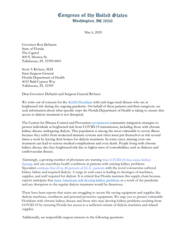 May 6, 2020 Governor Ron Desantis State of Florida the Capitol 400 S. Monroe St. Tallahassee, FL 32399-0001 Scott a Rivkees, M