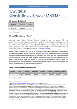 PAKISTAN CHURCH HISTORY and FACTS WWL 2018 Church History & Facts - PAKISTAN