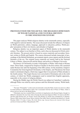 PROTESTANTISM the WELSH WAY. the RELIGIOUS DIMENSION of WELSH NATIONAL and CULTURAL IDENTITY in the NINETEENTH CENTURY This