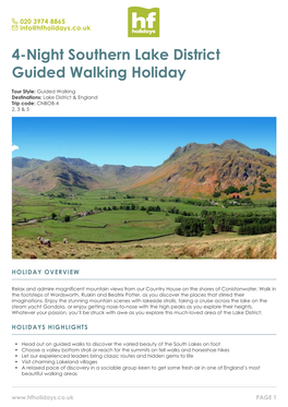 4-Night Southern Lake District Guided Walking Holiday