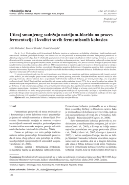 Uticaj Smanjenog Sadržaja Natrijum-Hlorida Na Proces Fermentacije I Kvalitet Suvih Fermentisanih Kobasica
