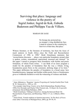 Language and Violence in the Poetry of Ingrid Jonker, Ingrid De Kok, Gabeda Baderoon and Phillippa Yaa De Villiers