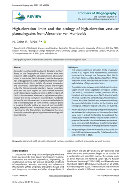 High-Elevation Limits and the Ecology of High-Elevation Vascular Plants: Legacies from Alexander Von Humboldt1