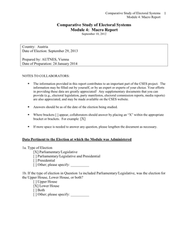 Macro Report Comparative Study of Electoral Systems Module 4: Macro Report September 10, 2012