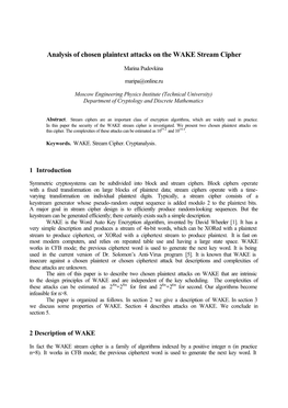 Analysis of Chosen Plaintext Attacks on the WAKE Stream Cipher