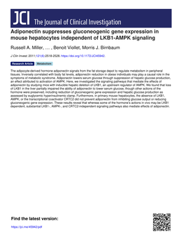 Adiponectin Suppresses Gluconeogenic Gene Expression in Mouse Hepatocytes Independent of LKB1-AMPK Signaling