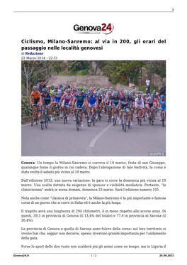 Ciclismo, Milano-Sanremo: Al Via in 200, Gli Orari Del Passaggio Nelle Località Genovesi Di Redazione 22 Marzo 2014 – 22:51