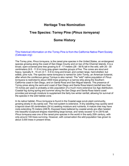 Heritage Tree Nomination Tree Species: Torrey Pine (Pinus Torreyana) Some History