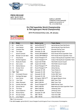 PRESS RELEASE Eni FIM Superbike World Championship & FIM Supersport World Championship