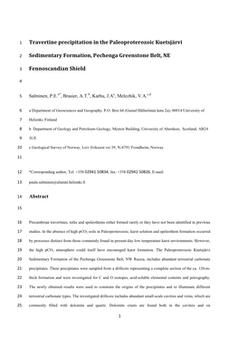 Travertine Precipitation in the Paleoproterozoic Kuetsjärvi Sedimentary Formation, Pechenga Greenstone Belt, NE Fennoscandian S