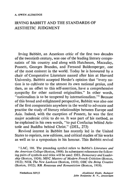 IRVING BABBITT and the STANDARDS of AESTHETIC JUDGMENT Irving Babbitt, an American Critic of the First Two Decades of the Twenti