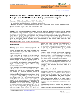 Survey of the Most Common Insect Species on Some Foraging Crops of Honeybees in Dakhla Oasis, New Valley Governorate, Egypt