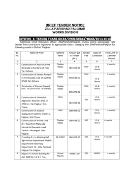 Brief Tender Notice Zilla Parishad Palghar Works Division