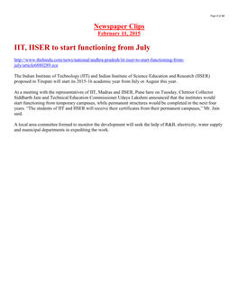 IIT, IISER to Start Functioning from July July/Article6880289.Ece