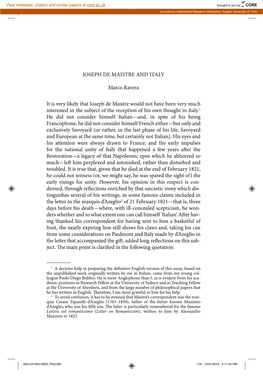 JOSEPH DE MAISTRE and ITALY Marco Ravera It Is Very Likely That Joseph De Maistre Would Not Have Been Very Much Interested in Th