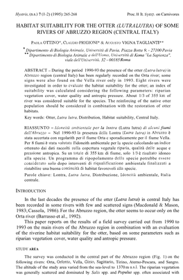 Habitat Suitability for the Otter (Lutra Lutra) of Some Rivers of Abruzzo Region (Central Italy)