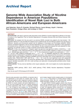 Genome-Wide Association Study of Nicotine Dependence in American Populations: Identiﬁcation of Novel Risk Loci in Both African-Americans and European-Americans