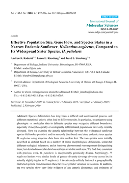 Gene Flow, and Species Status in a Narrow Endemic Sunflower, Helianthus Neglectus, Compared to Its Widespread Sister Species, H