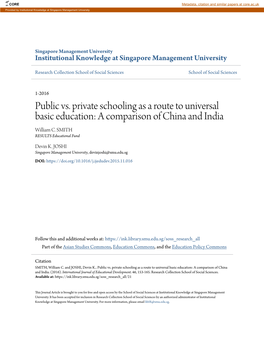 Public Vs. Private Schooling As a Route to Universal Basic Education: a Comparison of China and India William C