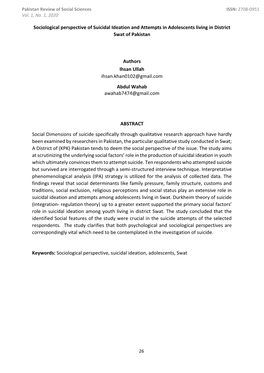 Sociological Perspective of Suicidal Ideation and Attempts in Adolescents Living in District Swat of Pakistan