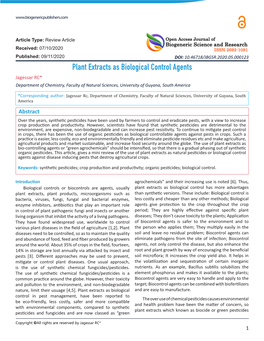 Plant Extracts As Biological Control Agents Jagessar RC* Department of Chemistry, Faculty of Natural Sciences, University of Guyana, South America